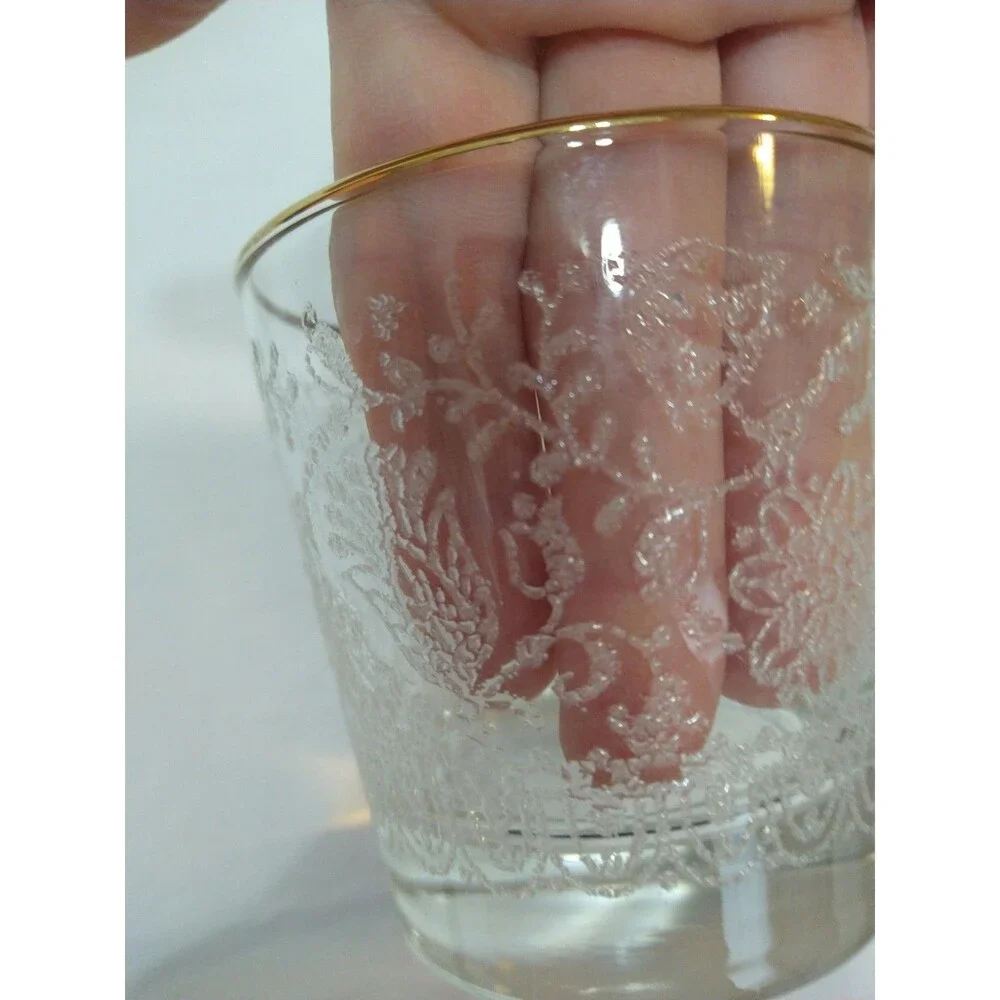 Set of 2 Vintage Gold Band Rim Whiskey Glasses Raised Floral Etch Old Fashioned
